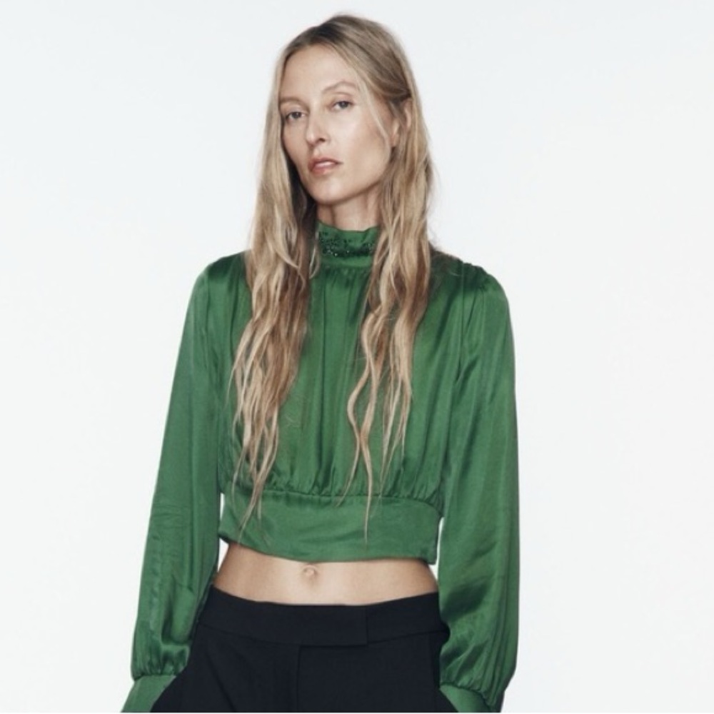 ZARA Green Beaded Satin Top